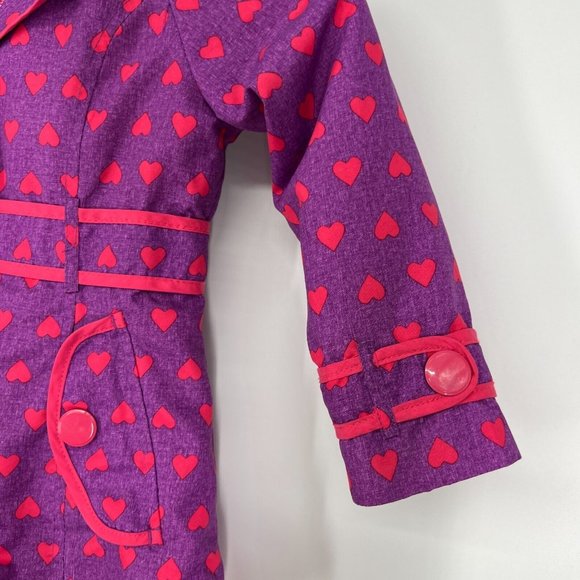 London Fog Girls Raincoat Jacket Purple Pink Heart Print Hooded Fleece Lined - Picture 7 of 12